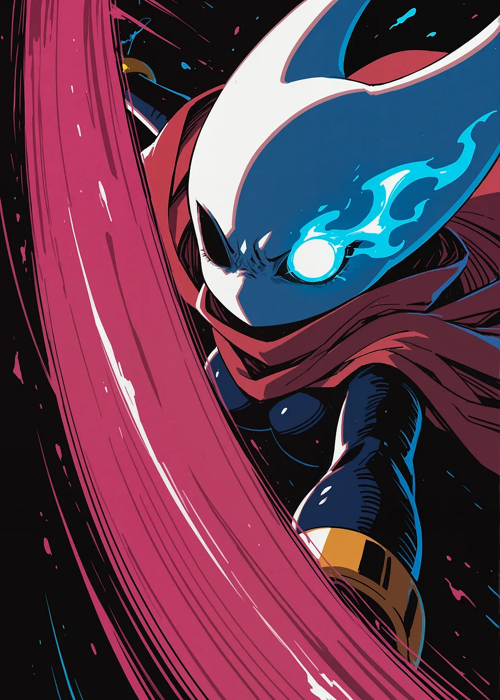 Character with glowing eyes and red cape
