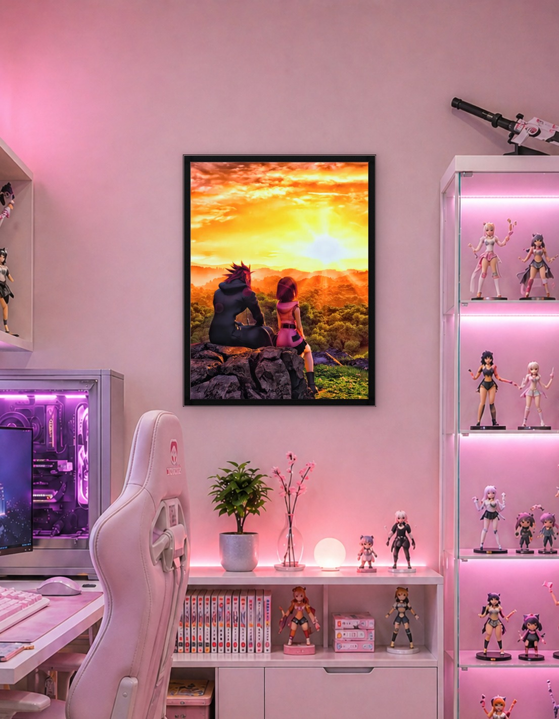Characters watching a sunset over a forest