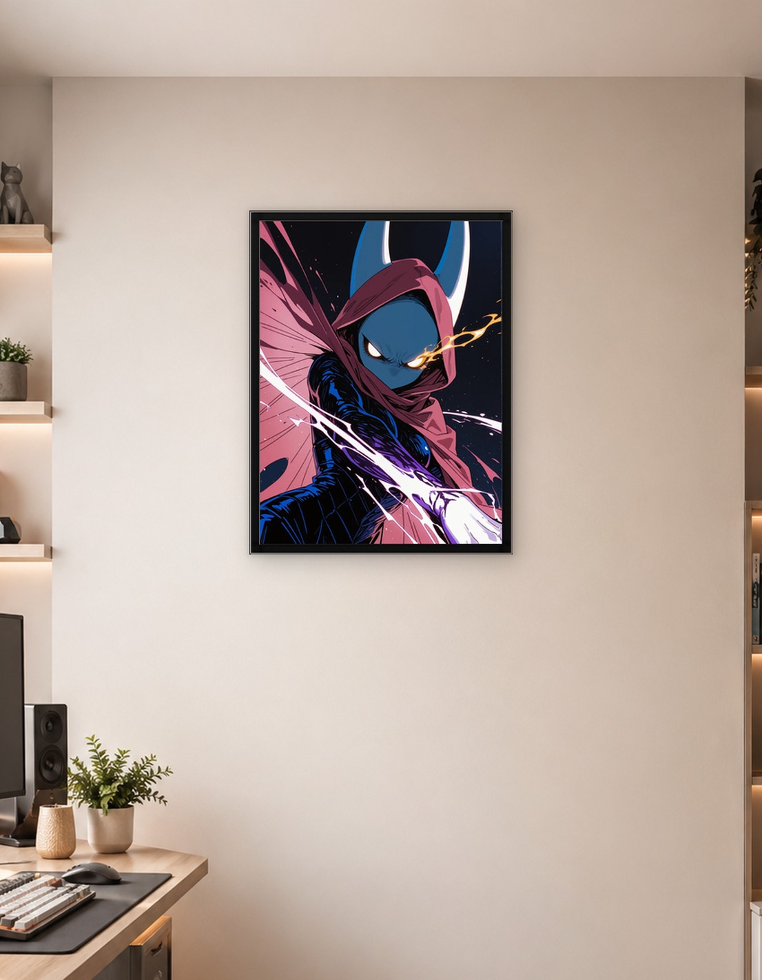 Blue Character with Red Hood and Fiery Eyes