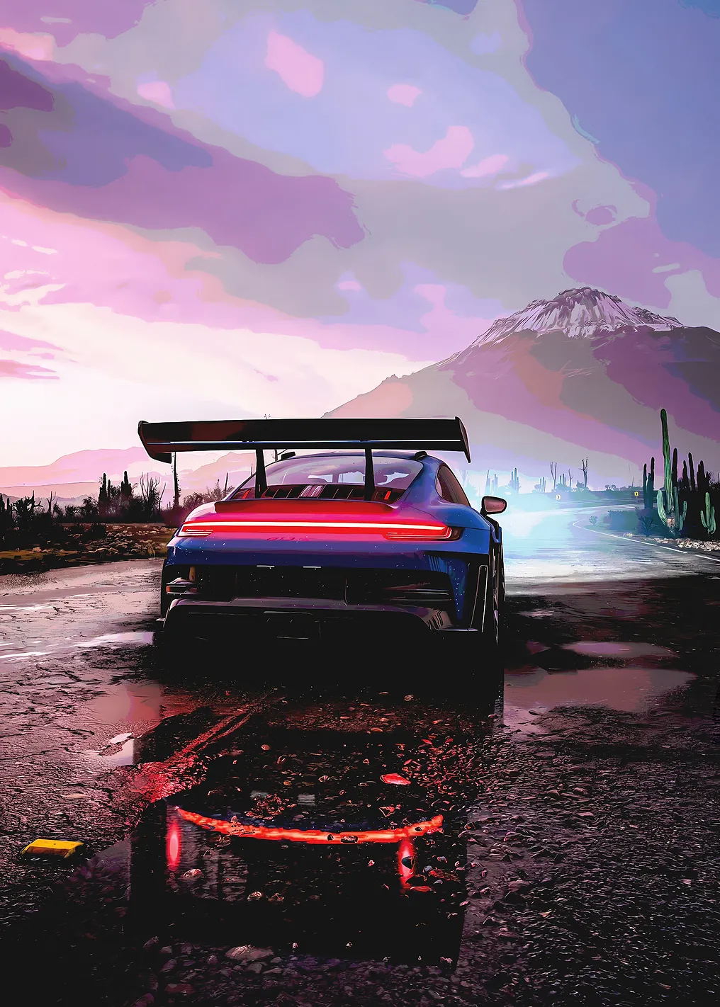 Blue Sports Car in Desert Landscape