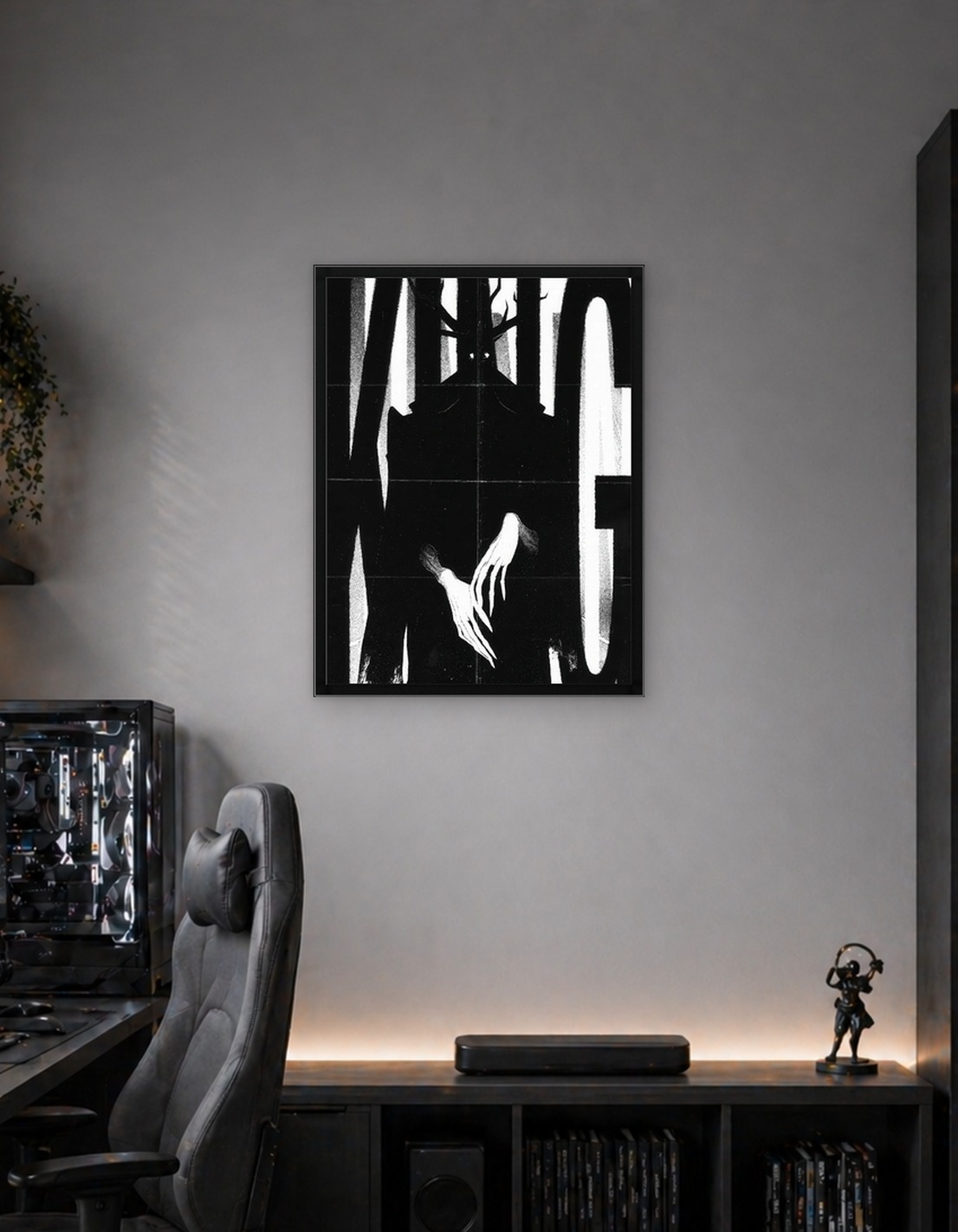 Dark Figure with Antlers and Glowing Eyes