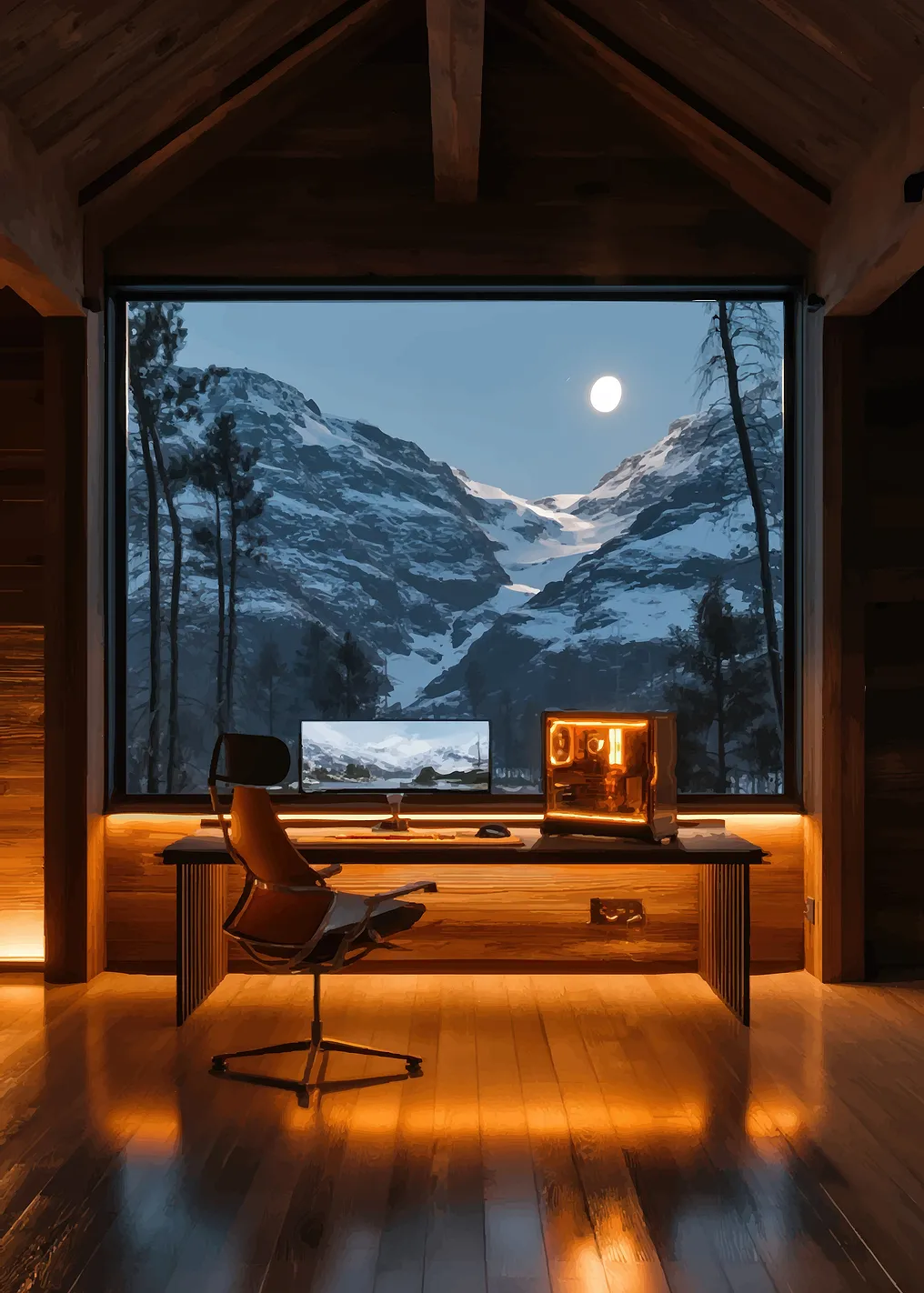Cozy Gaming Setup with Mountain View