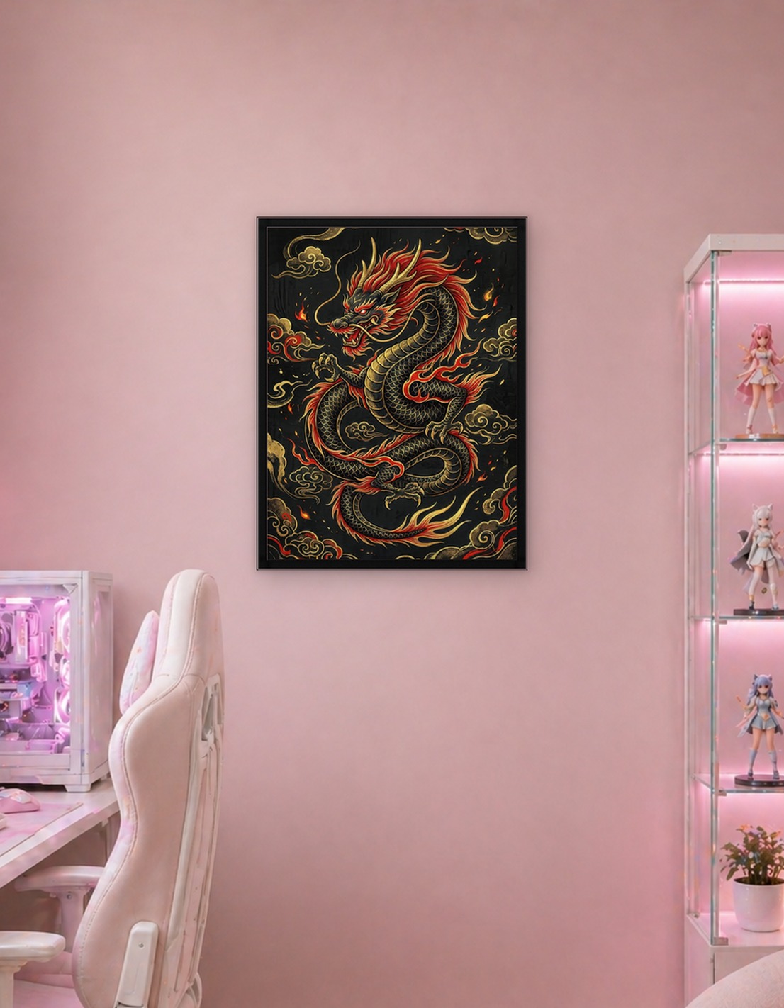 Black and Red Dragon with Golden Clouds
