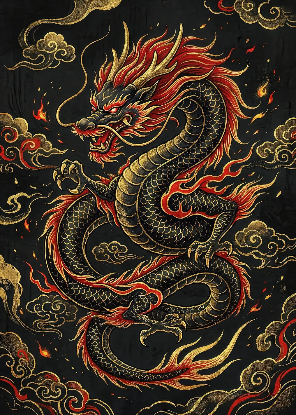 Black and Red Dragon with Golden Clouds