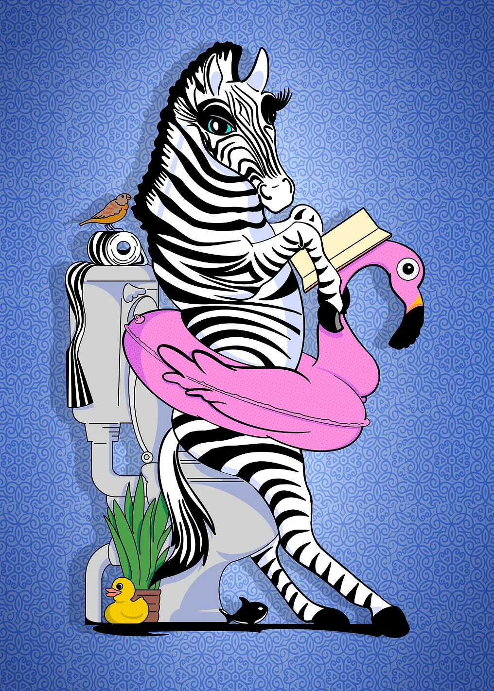 chik Zebra Reading on Toilet