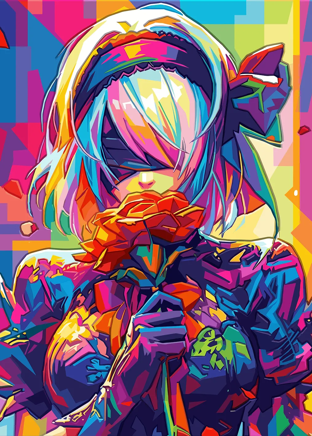 2B Holding a Rose in Pop Art Style