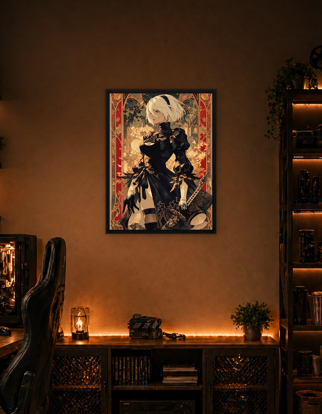 2B in ornate black dress