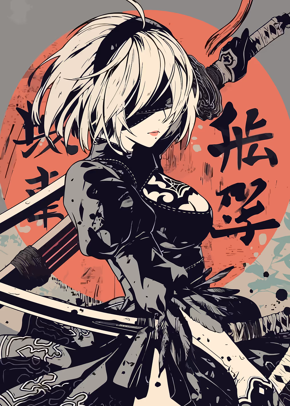 2B с катаной и японским текстом