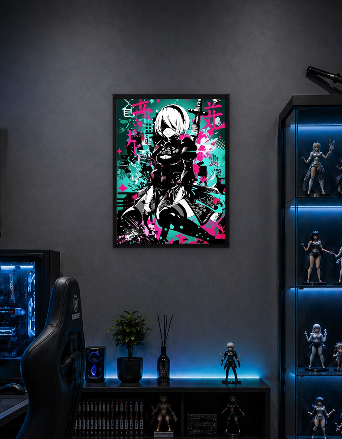 2B with Japanese Text and Splatter Art