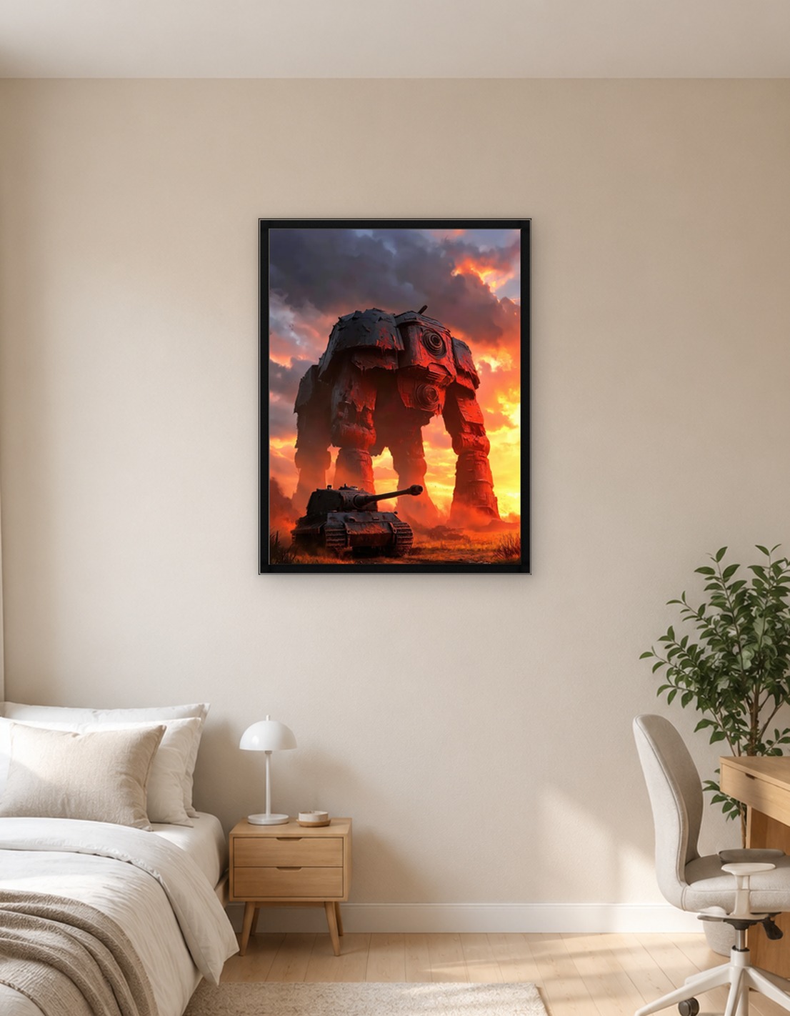 Giant Mech and Tank in Fiery Sunset