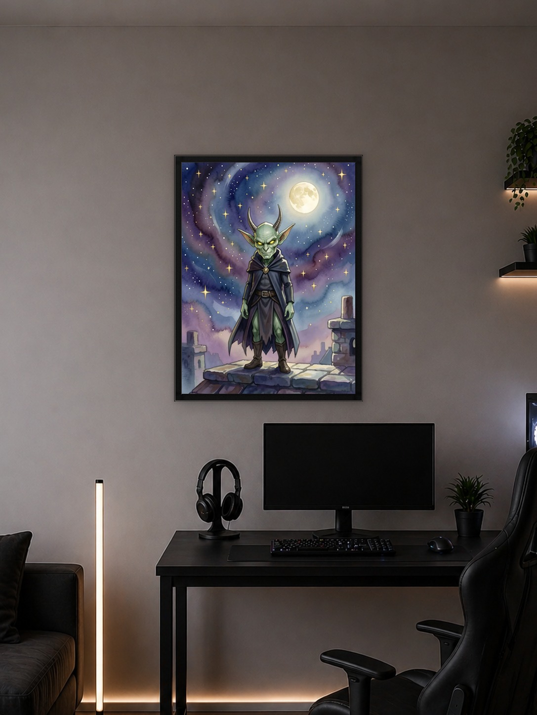 Goblin Standing on Rooftop Under Starry Sky