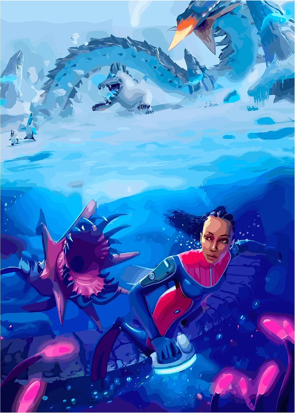 Diver Encounters Ice Dragon and Sea Creature