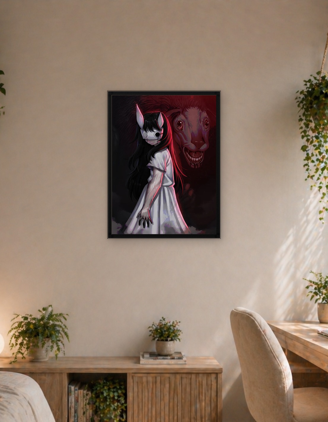 Girl in Mask with Monster Behind