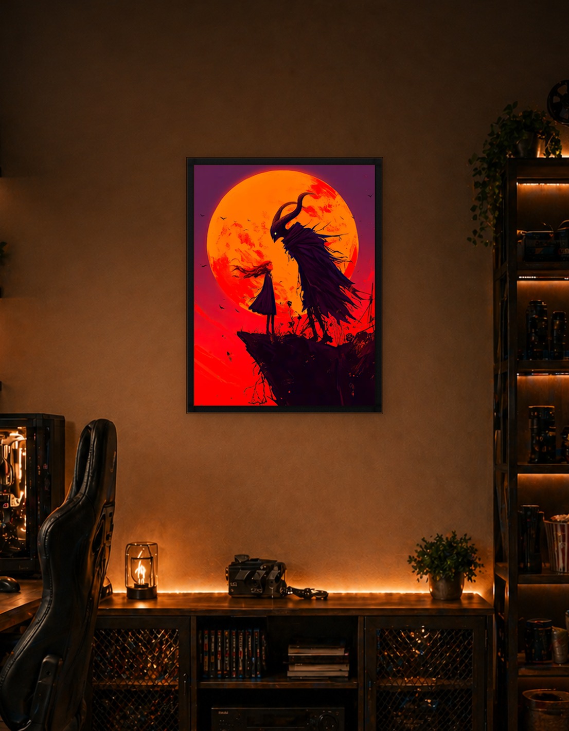 Girl and Demon Under Blood Moon