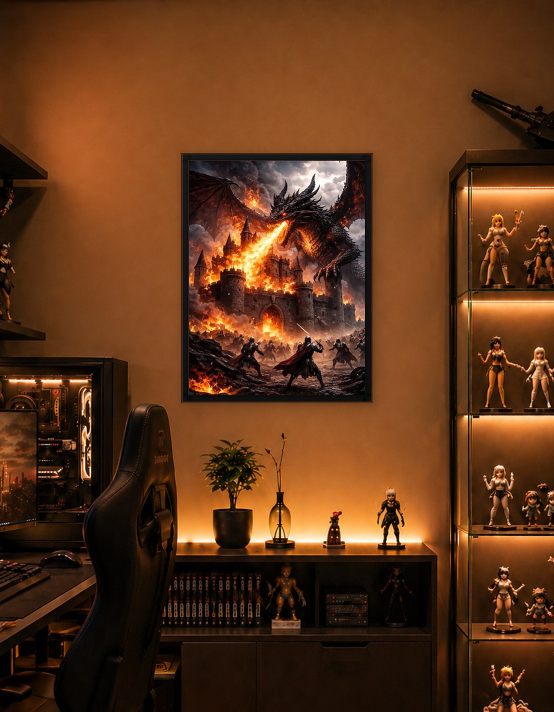 Dragon attacking a burning castle
