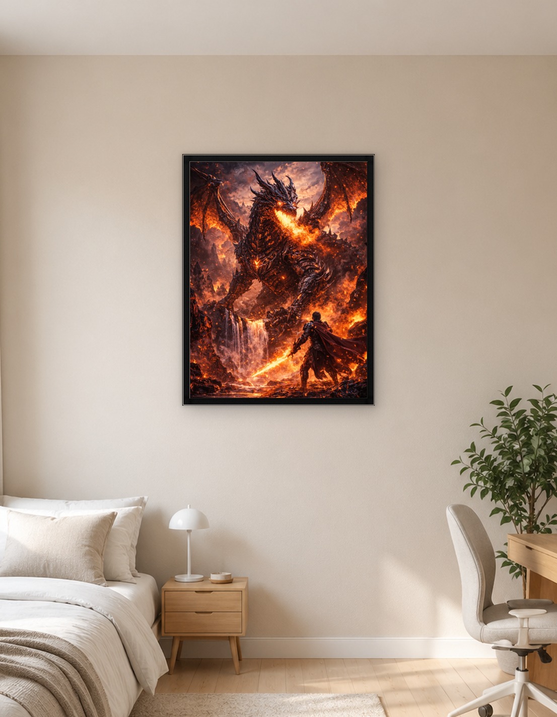 Dragon vs Knight in Fiery Landscape
