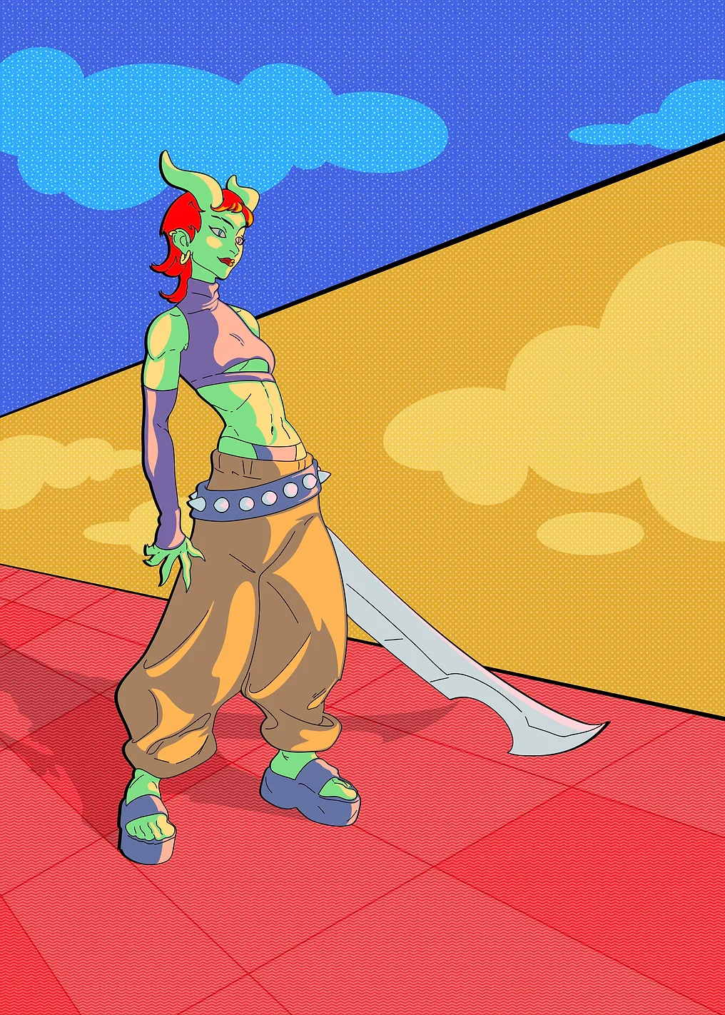 Green demon girl with sword