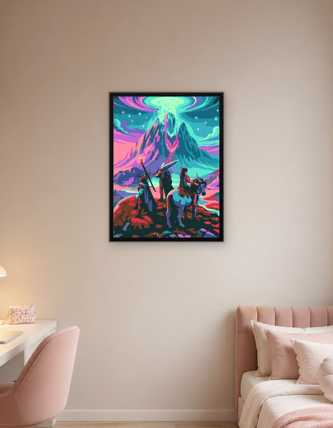 Fantasy Adventurers Facing a Cosmic Mountain