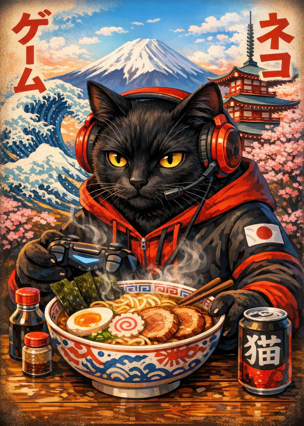 Gamer Cat Eating Ramen - 9789556