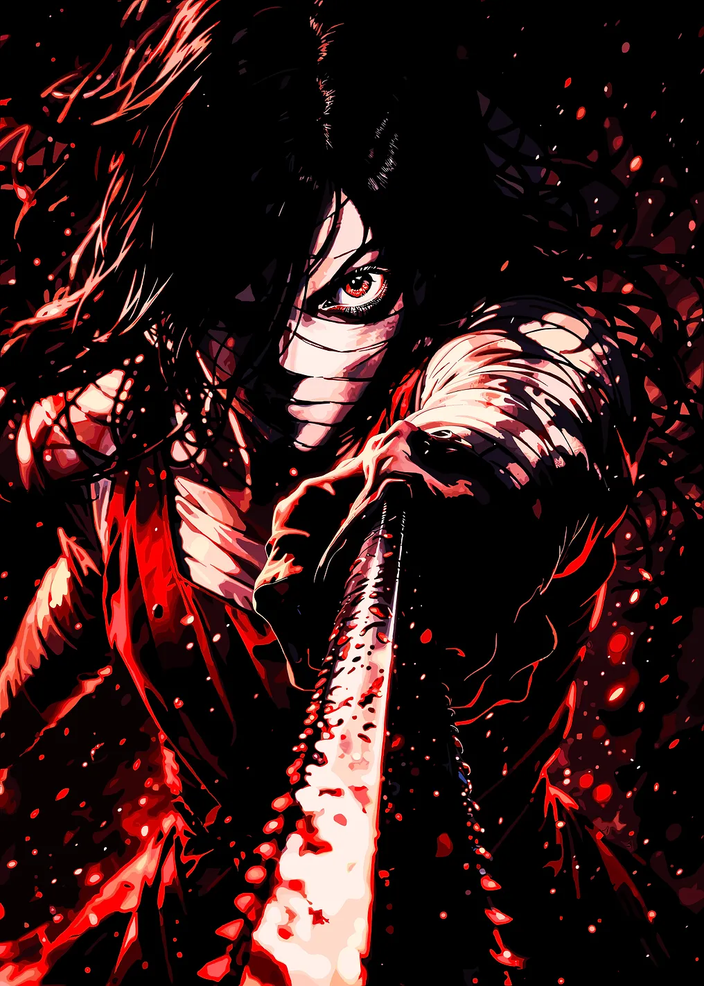 Intense Anime Warrior with Bloody Sword