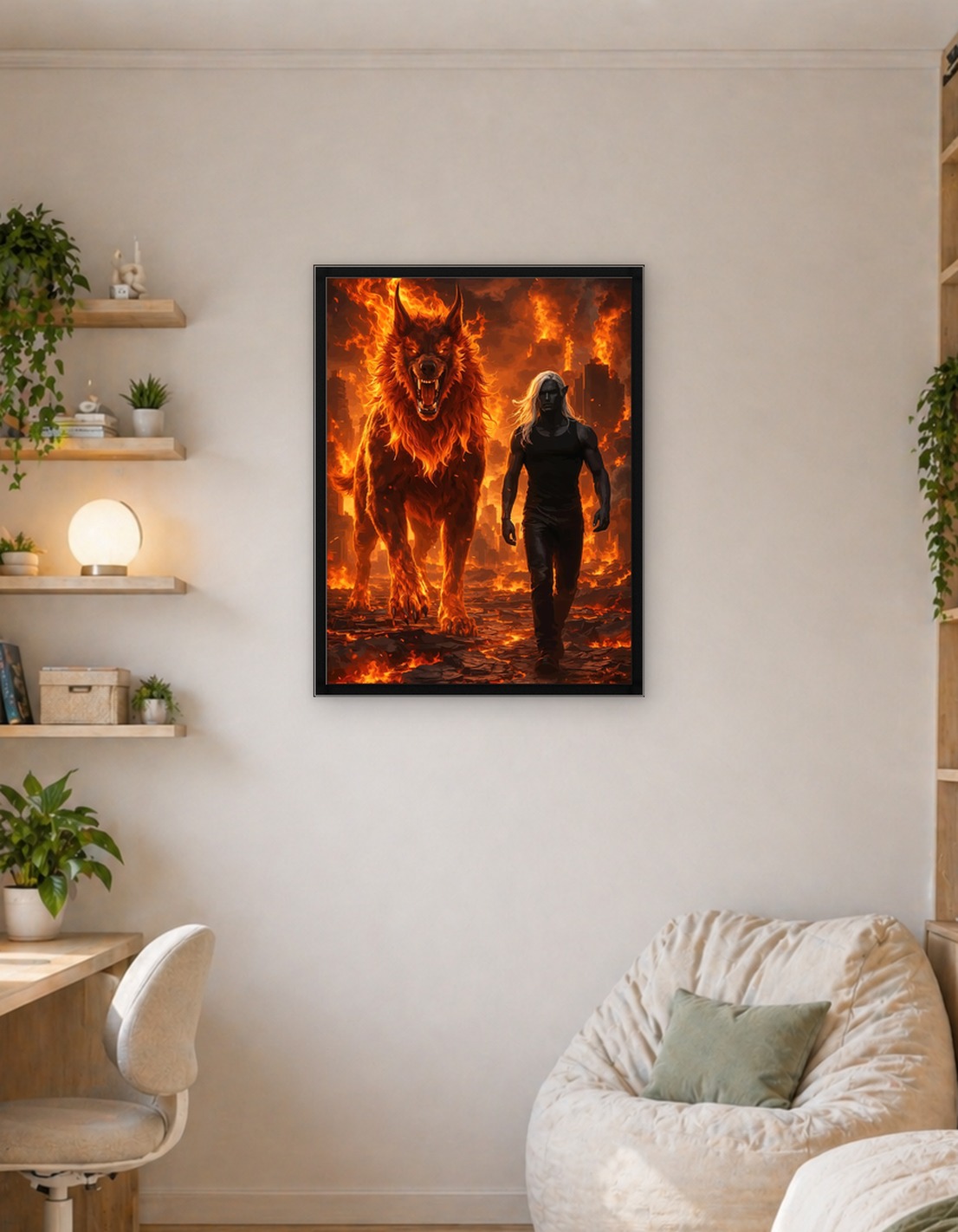 Fiery Wolf and Dark Elf in Burning City