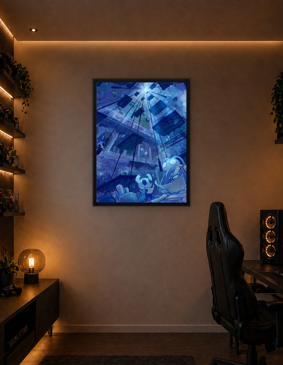 Hollow Knight Characters in a Blue Hallway