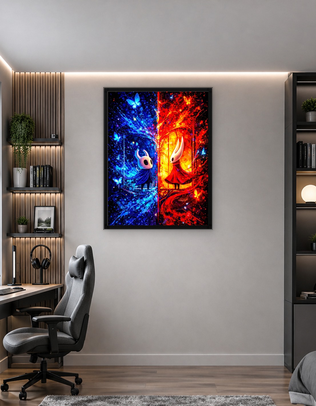 Hollow Knight Characters in Blue and Red Splatter Art