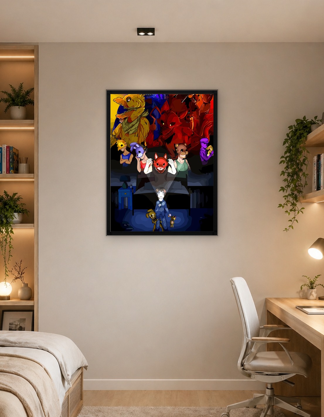 Five Nights at Freddy's characters in a bedroom