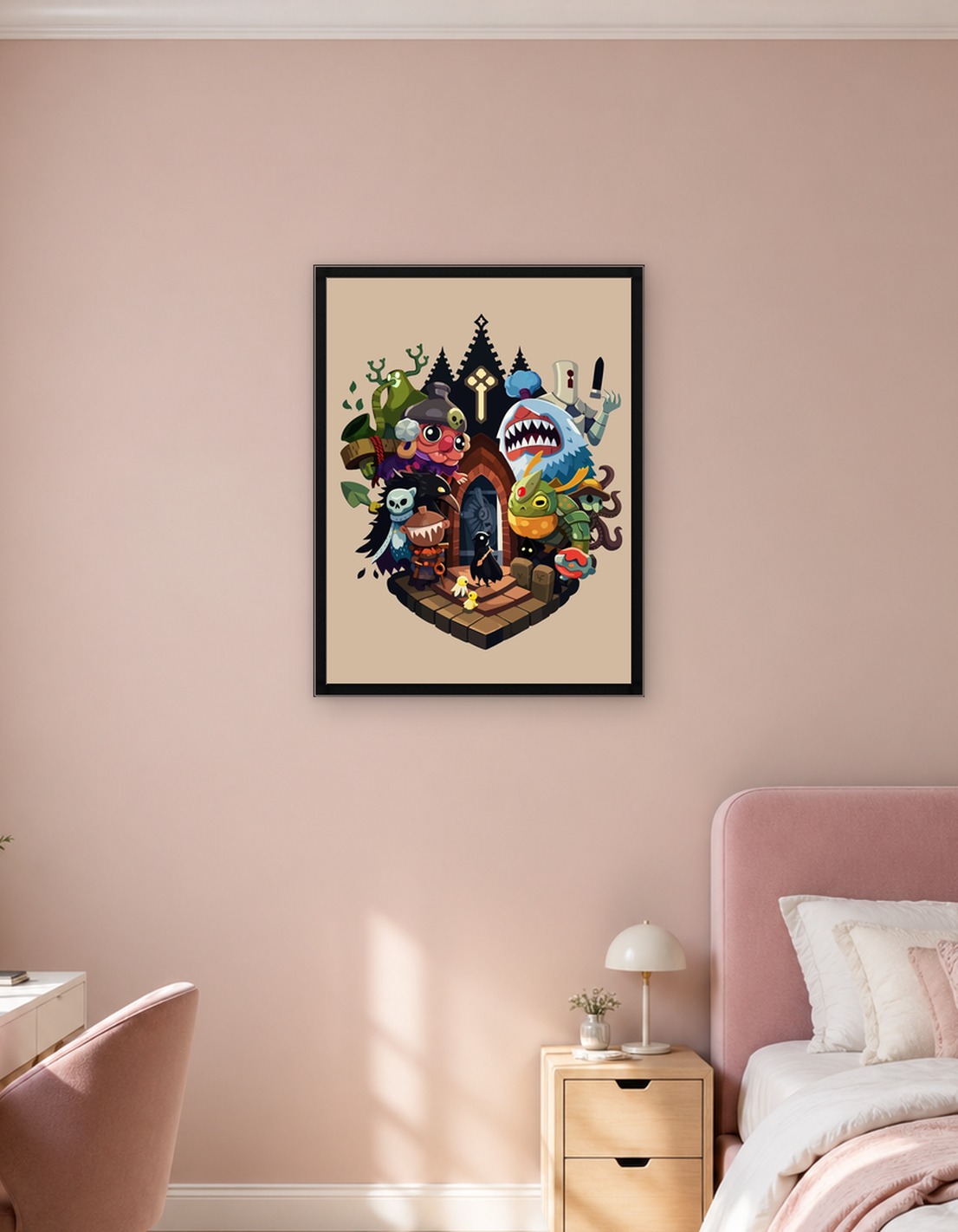 Fantasy Creatures Gather at Gothic Entrance