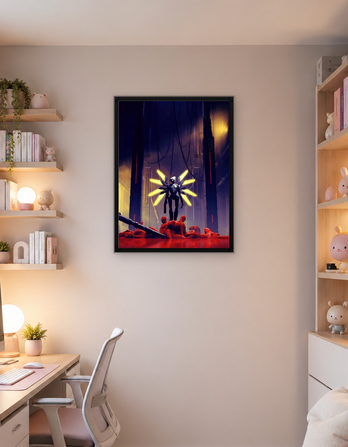 Futuristic Angelic Robot Over Red Figures