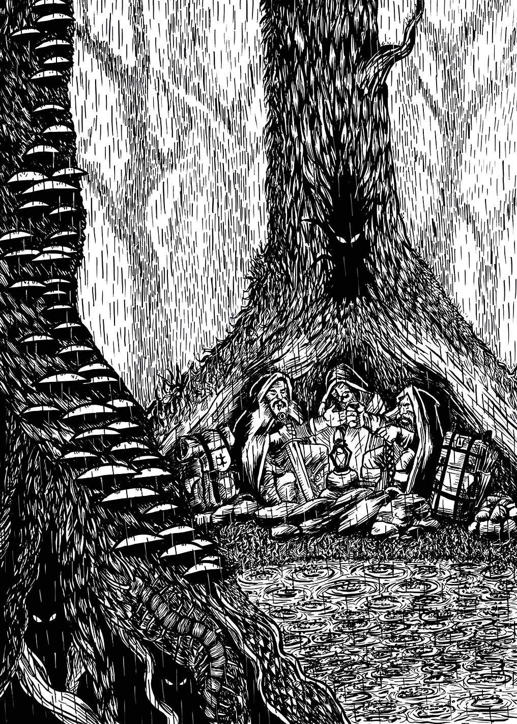 Fantasy Adventurers Huddled in Rain