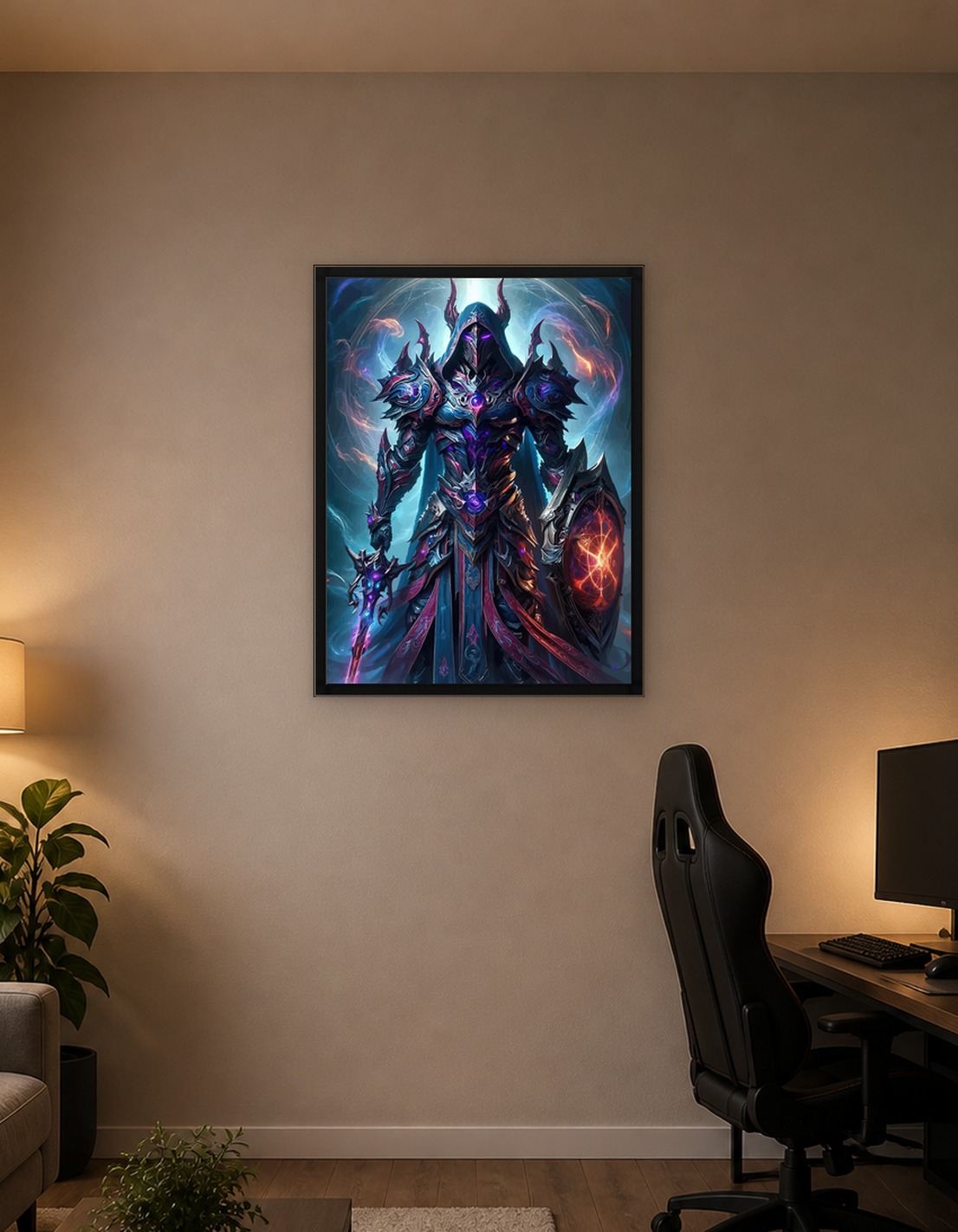 Fantasy Warrior with Glowing Sword and Shield