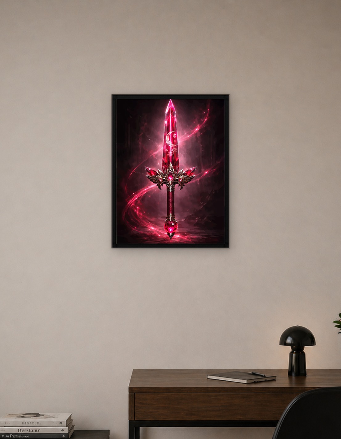 Fantasy Crystal Sword with Moon and Flowers