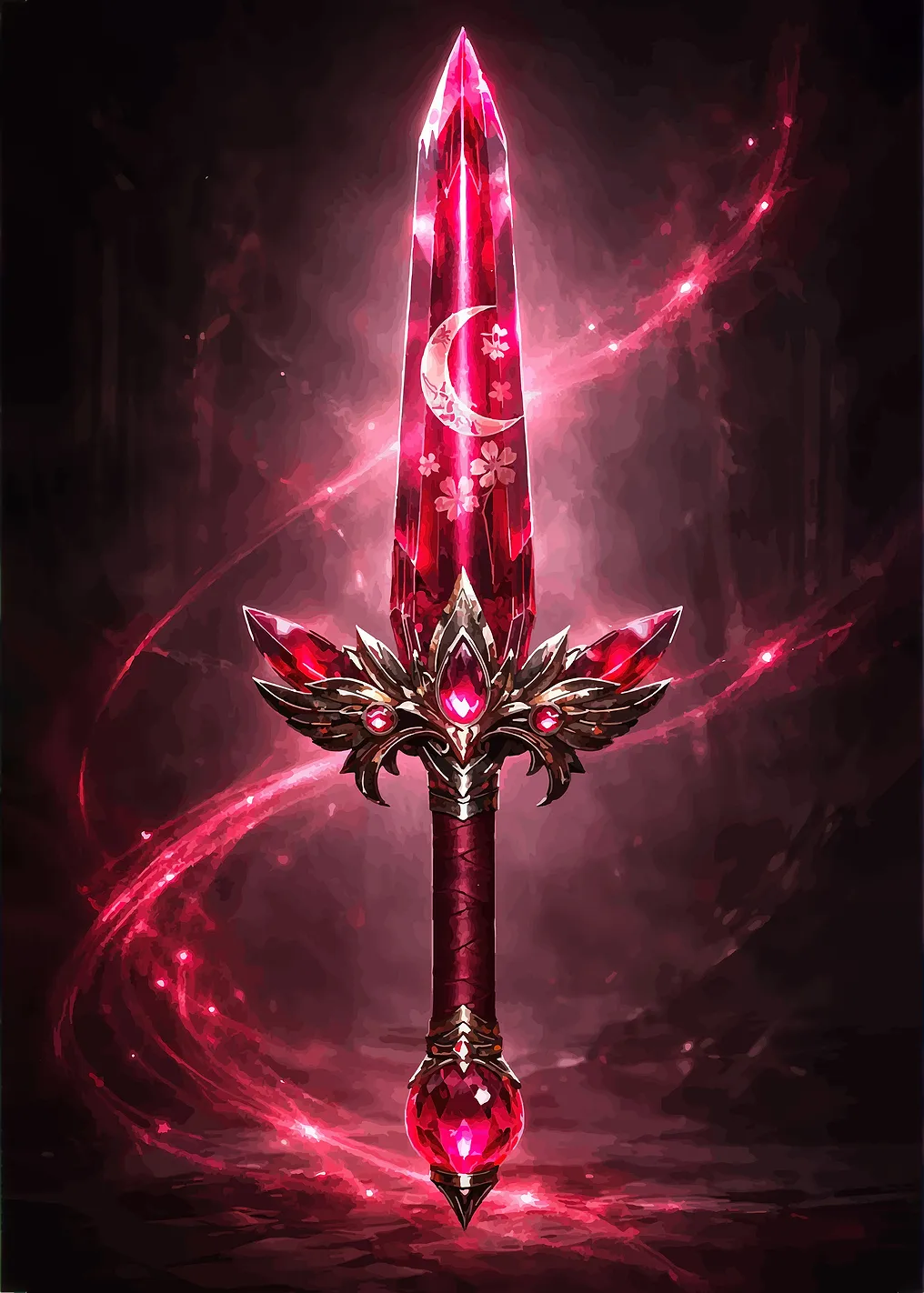 Fantasy Crystal Sword with Moon and Flowers