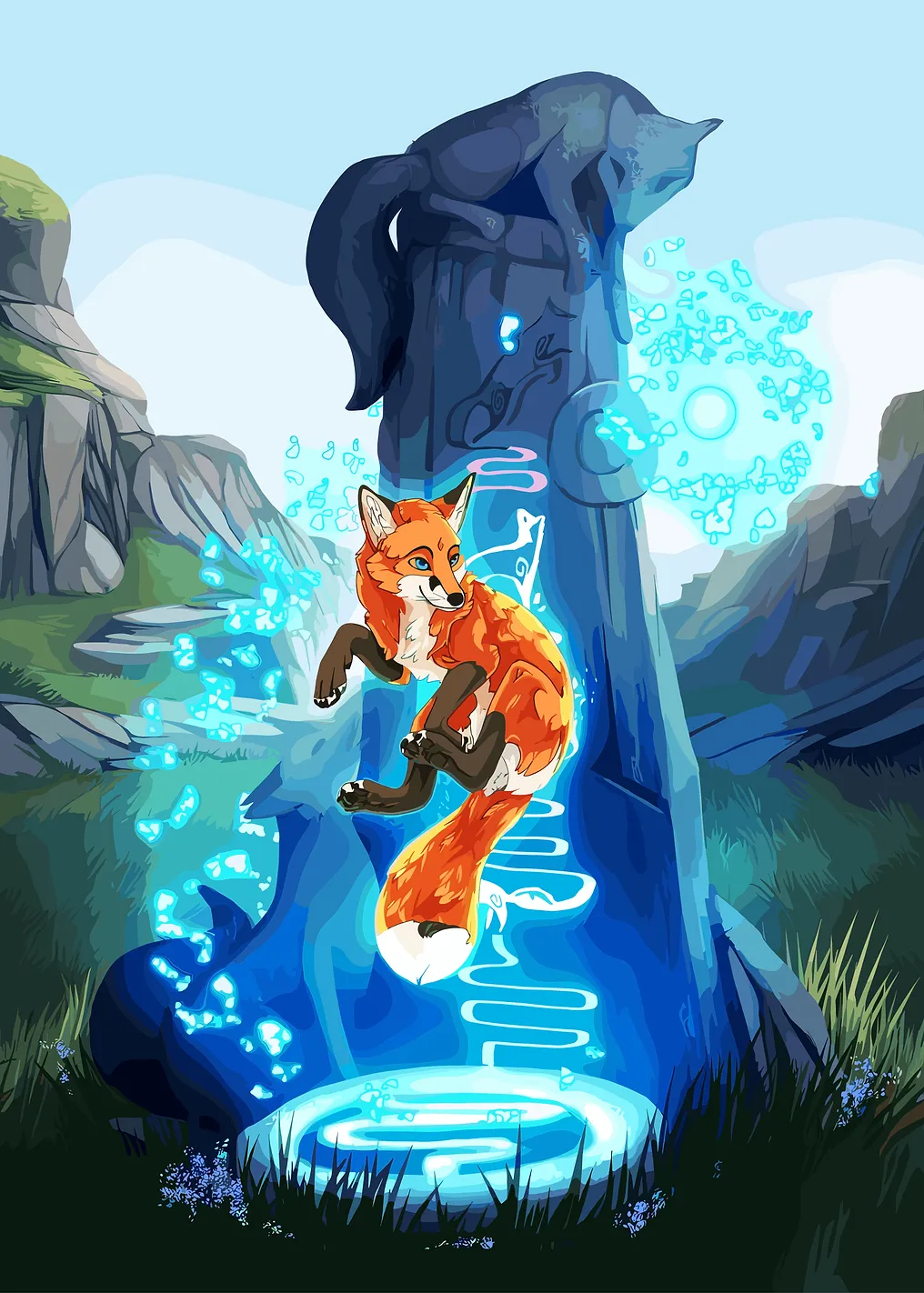 Magical Fox and Stone Statue