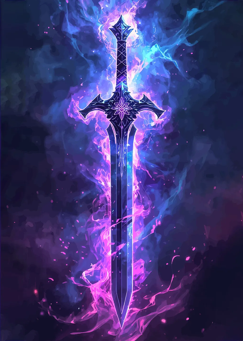 Magical Glowing Sword in Cosmic Nebula