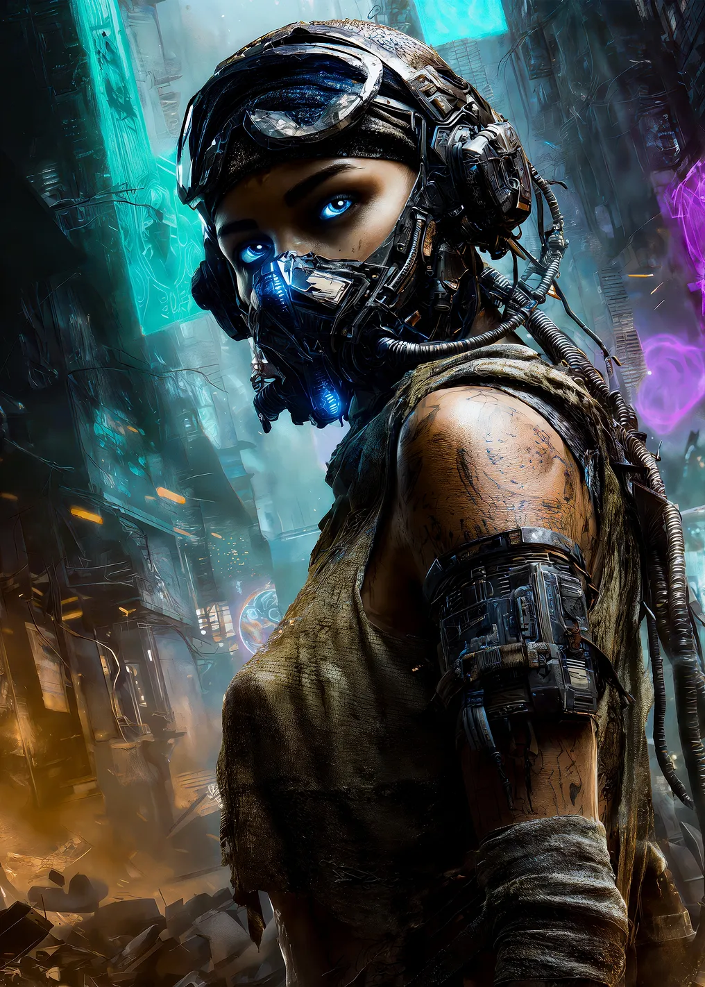 Masked Cyberpunk Woman Glowing Eyes