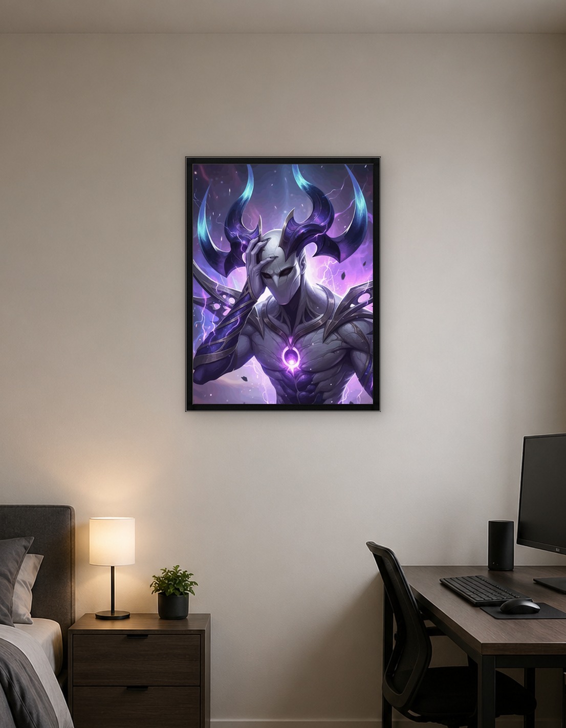 Mysterious Figure with Horns and Glowing Core
