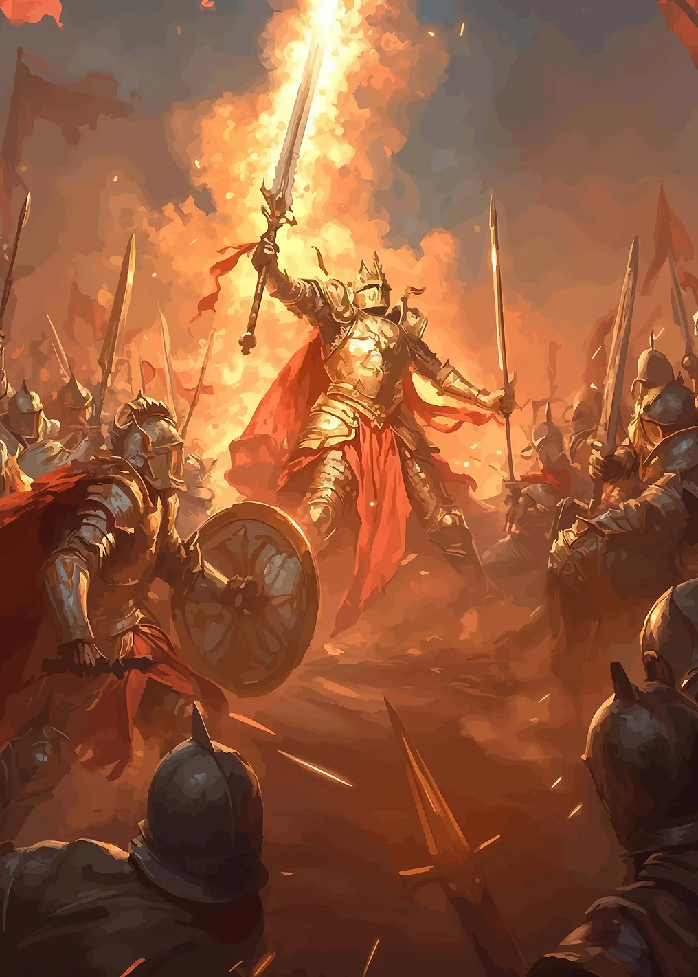 Knight King Raises Flaming Sword - 9983570