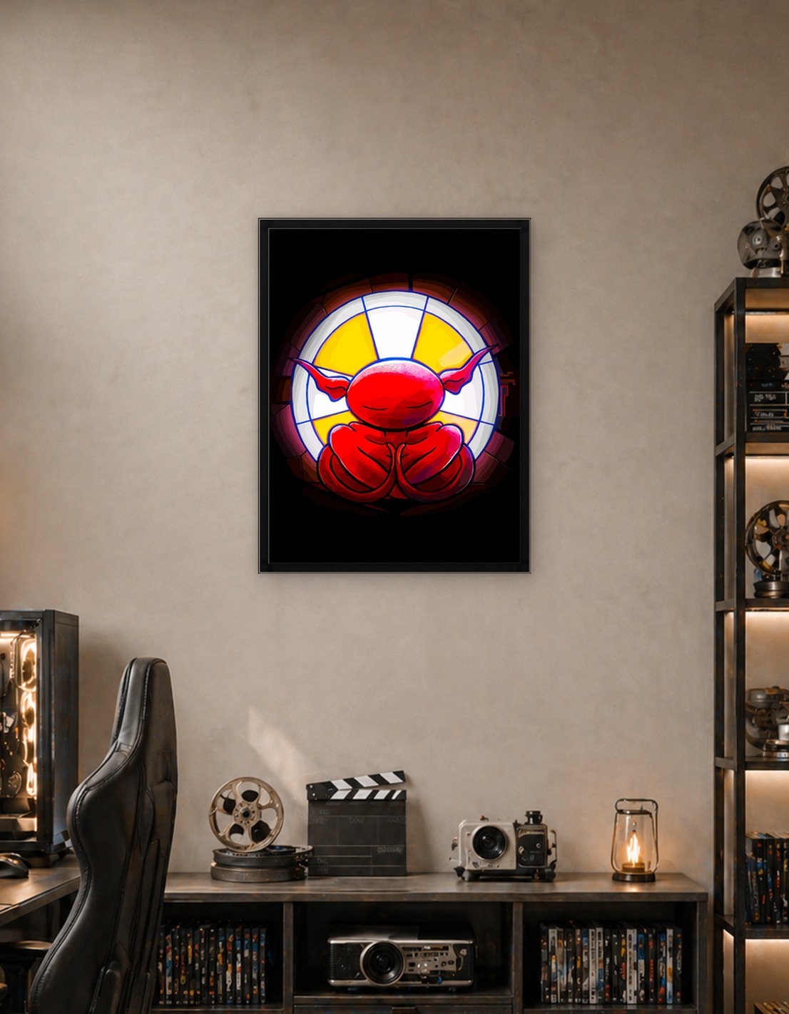 Red Demon Meditating in Stained Glass Window