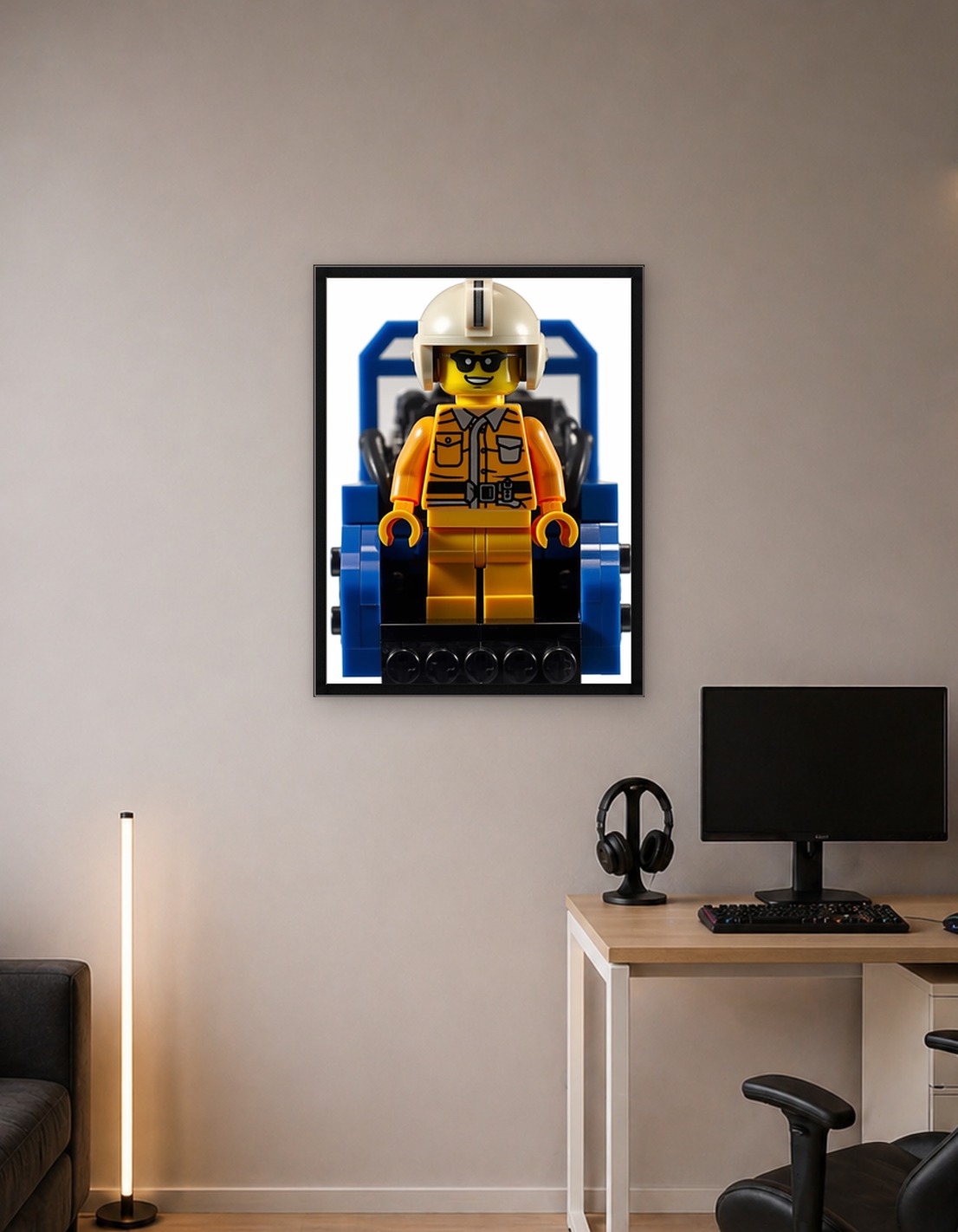 Lego minifigure in a blue vehicle