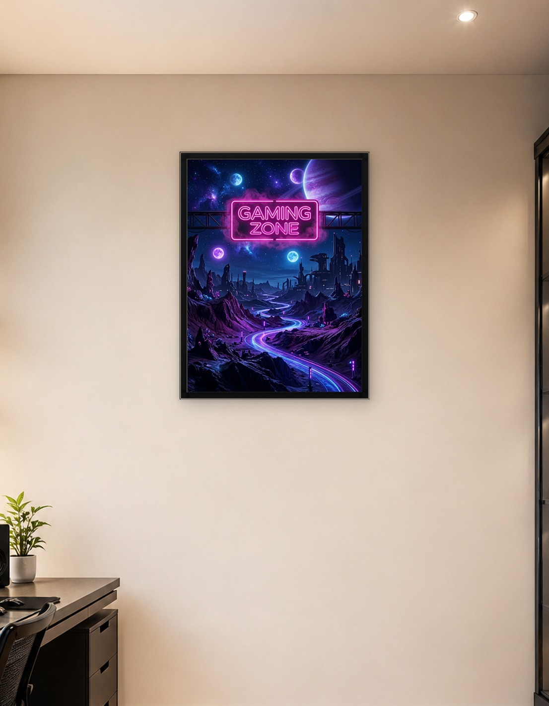 Neon Gaming Zone in Sci-Fi Landscape