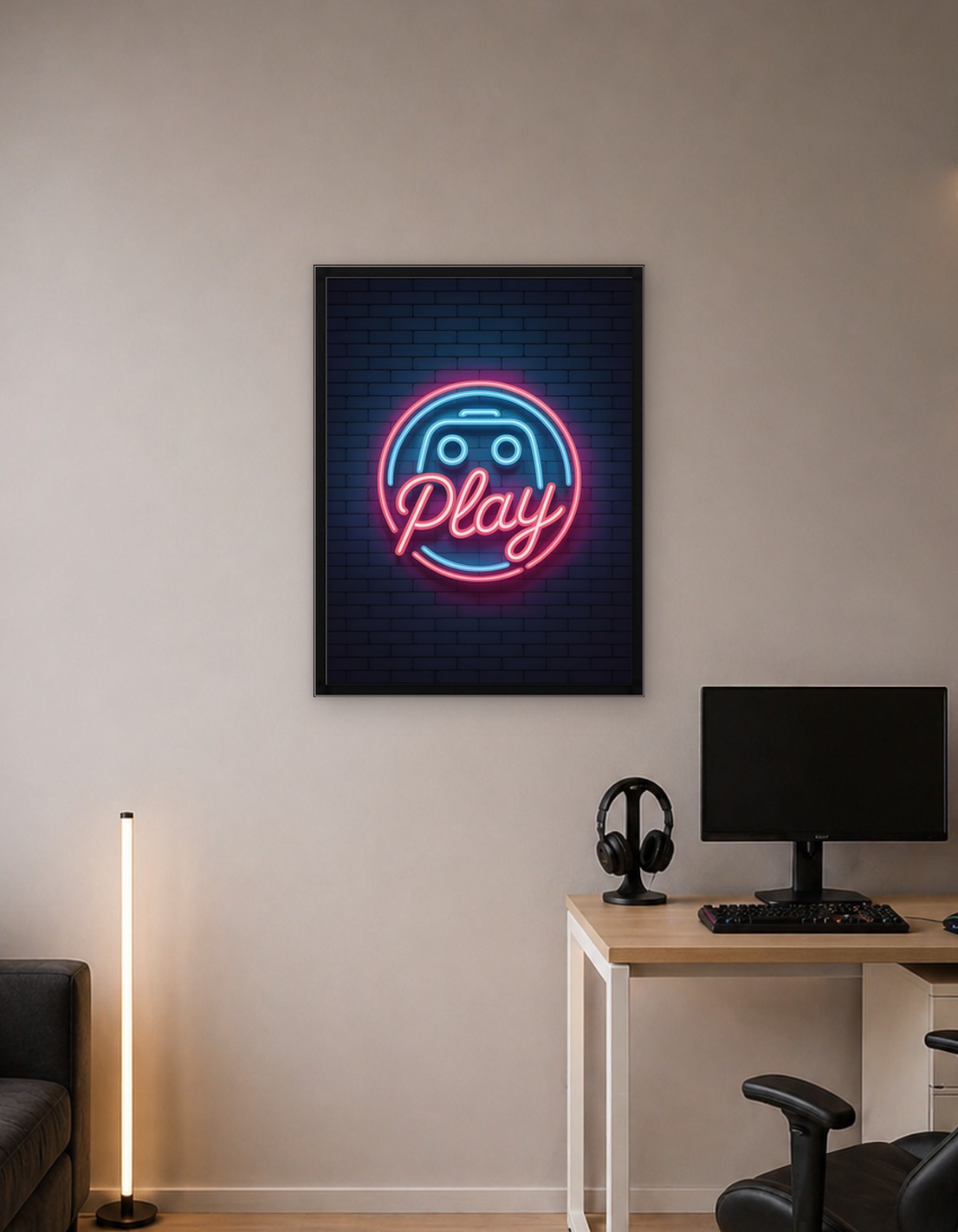 Neon Play Button with Game Controller