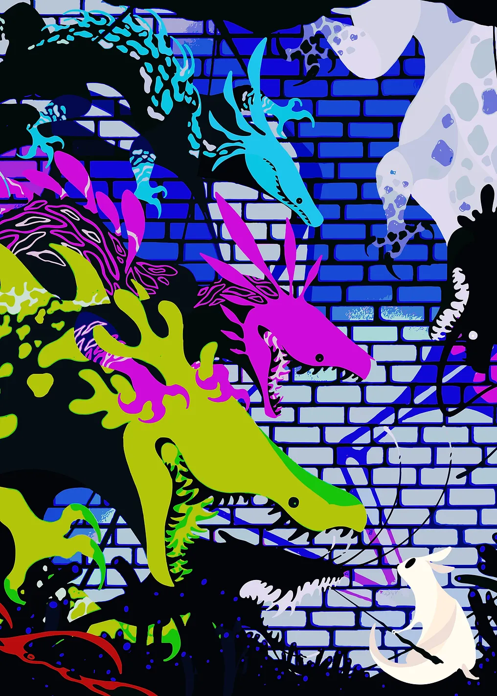 Neon Dragons and White Creature