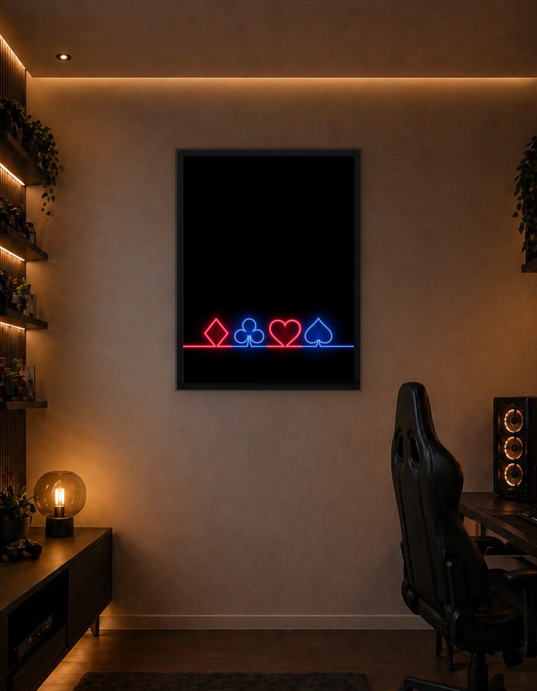 Neon Playing Card Suits on Black Background