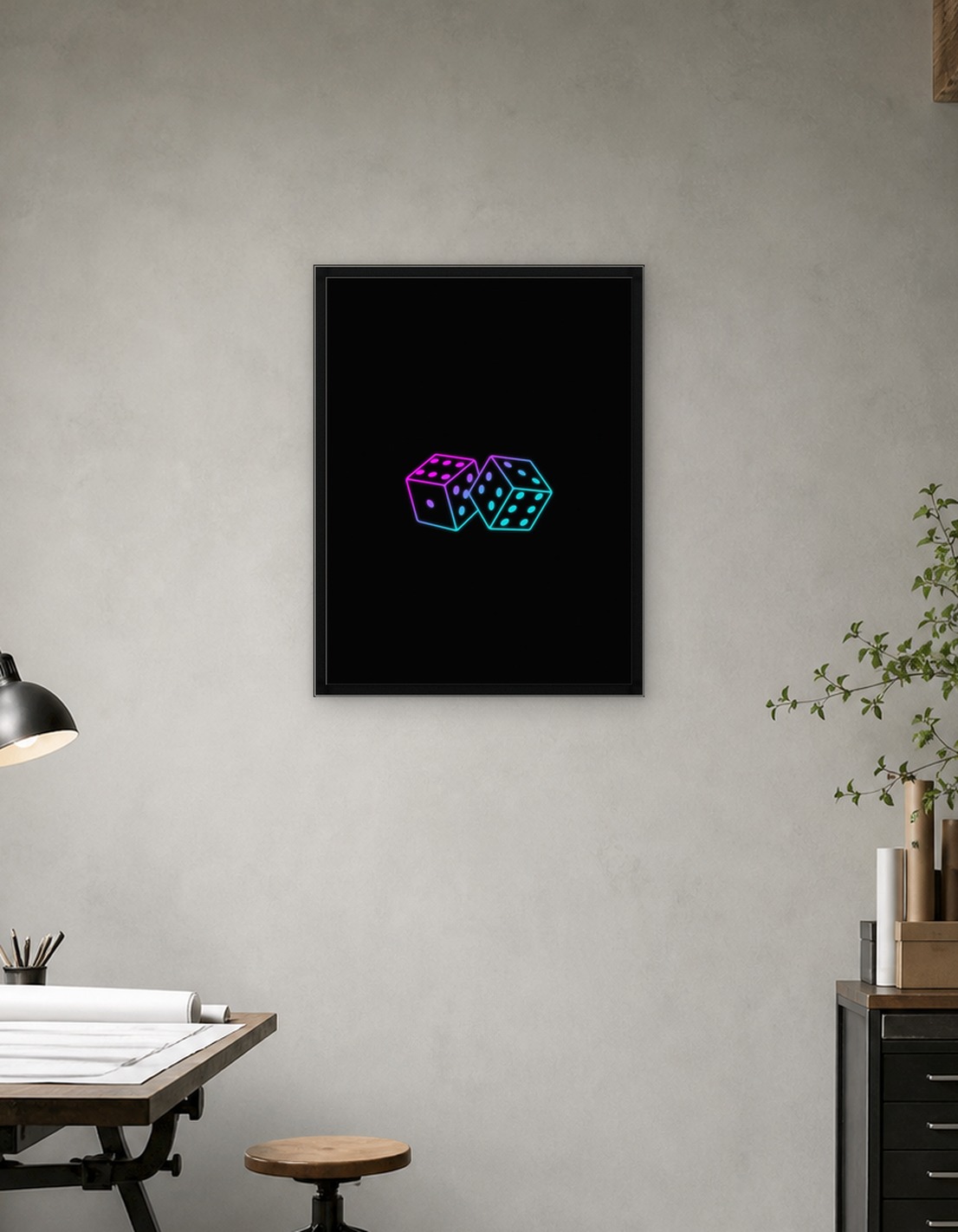 Neon Dice on Black Background