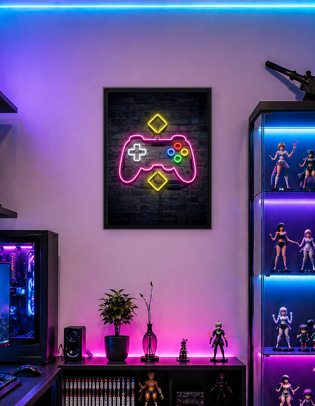 Neon Game Controller on Brick Wall