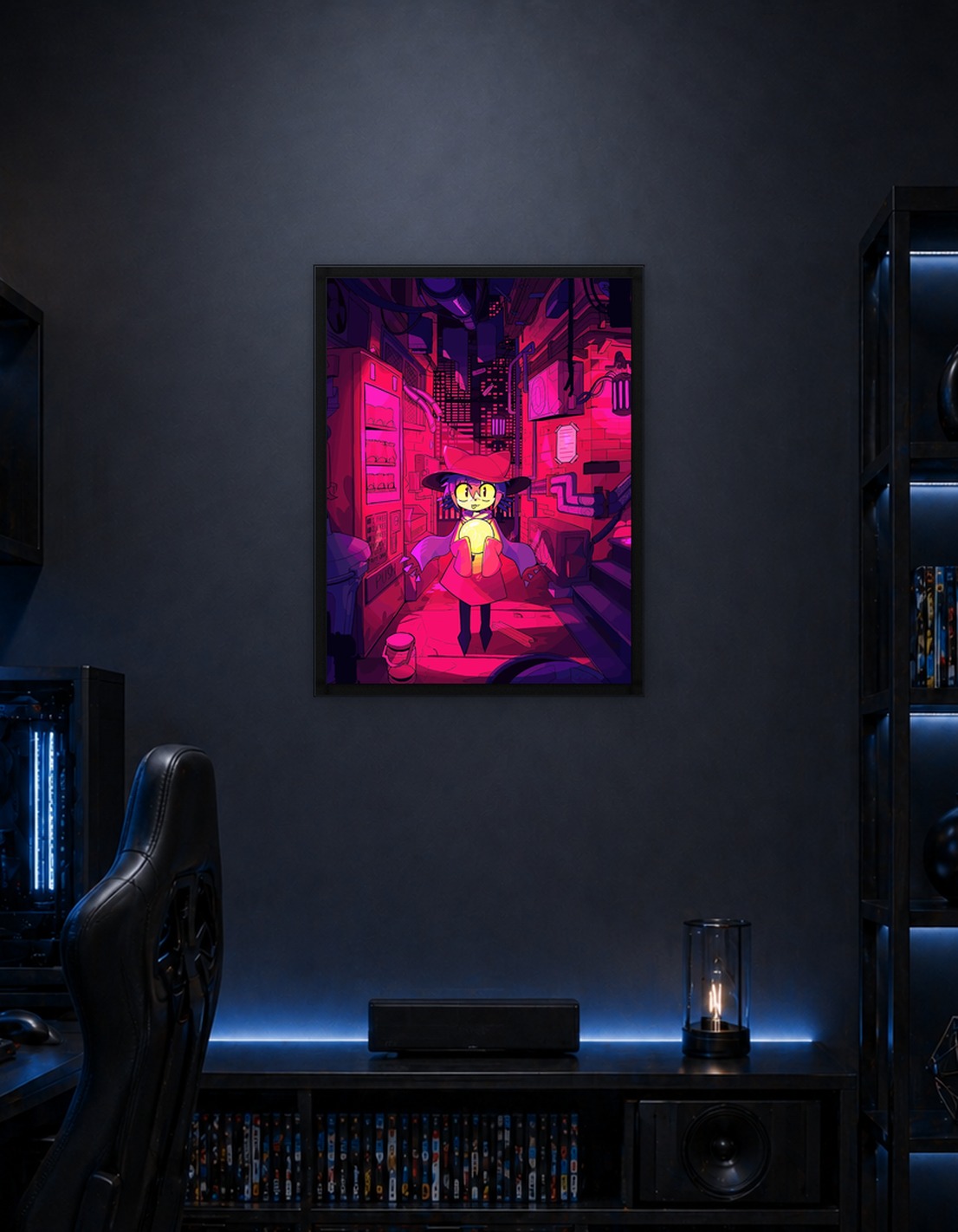 Niko holding a sun in a cyberpunk alley
