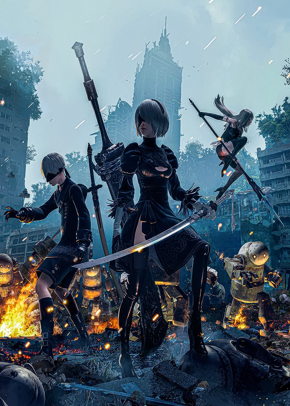 Nier Automata Characters in Ruined City