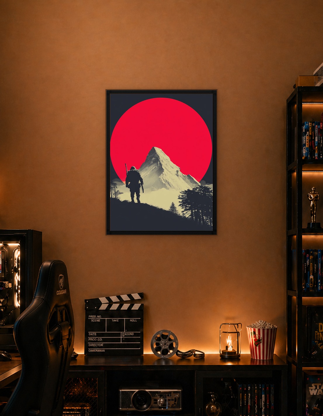 Lone figure before a mountain and sun